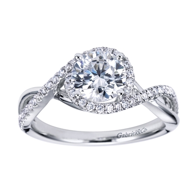 This unique diamond engagement ring fits a round center diamond and shimmers with one quarter carats of round brilliant diamonds that wrap around beautiful and sleek white gold or platinum.