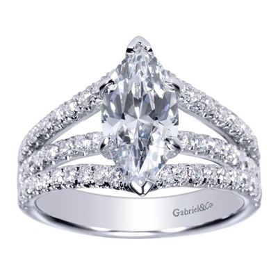 This marquise shaped diamond split shank engagement ring features nearly one carat of round brilliant diamonds is offered in white gold or platinum.