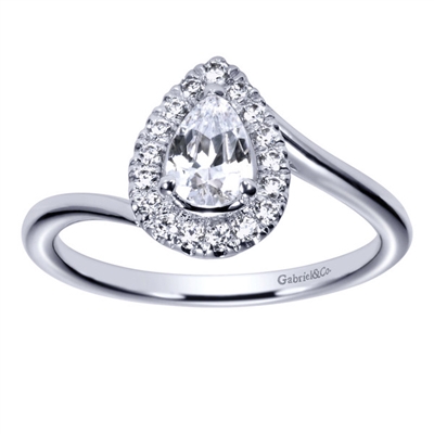 This delicious pear cut diamond engagement ring features a round brilliant diamond halo with a twisted and swirled white gold or platinum band in this diamond pear halo engagement ring.