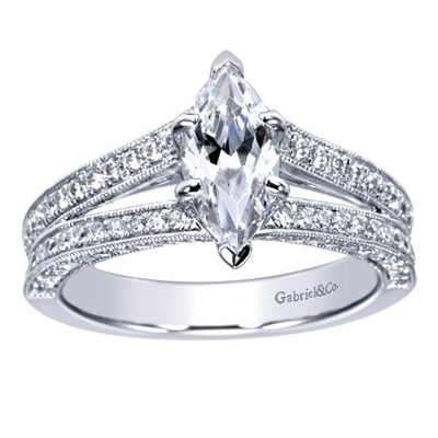 This artistically worked split shank diamond engagement ring fits a classic marquise cut diamond in this white gold or platinum split shank marquise diamond engagement ring.