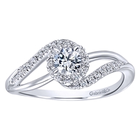 This twisted white gold diamond engagement ring comes with a round center diamond included, also featured with side round diamonds.