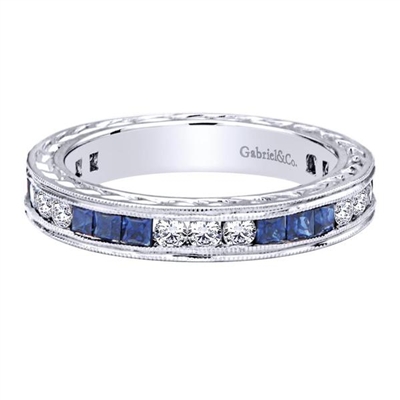 Beautiful sapphires, round brilliant diamonds and sleek 14k white gold combine to create this seductive and charming diamond stackable ring.