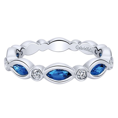 This 14k white gold diamond stackable ring features sapphires and diamonds.