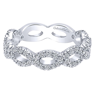 This 14k white gold diamond stackable ring features diamond infinity sections.