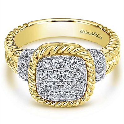 This yellow and white gold diamond ring contains one half carats in round brilliant diamonds all set around the center of this diamond rope ring.