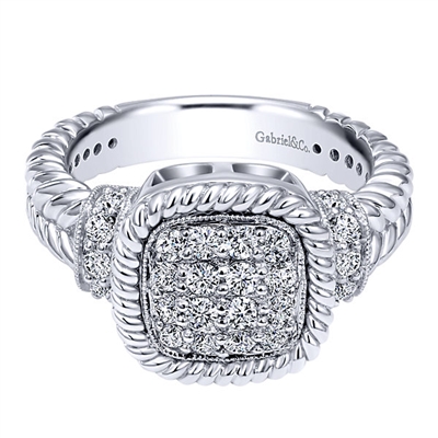 Braided 14k white gold and one half carats of diamonds meet in this white gold diamond fashion ring.