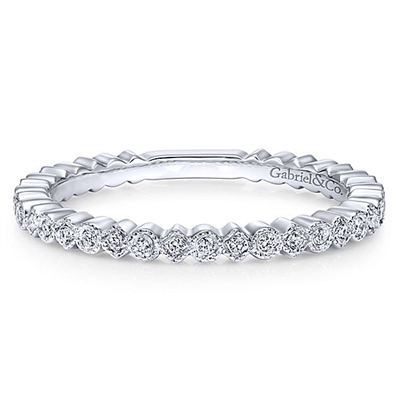 This 14k white gold diamond stackable diamond ring features diamonds going all the way around.