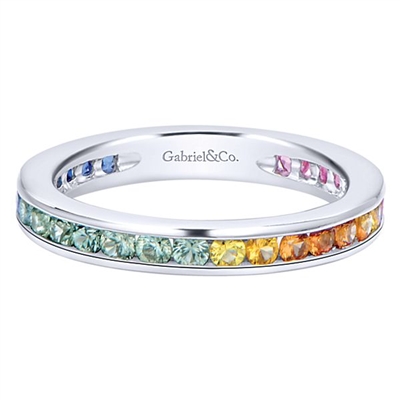 Rainbow stones stack in this 14k white gold ring.