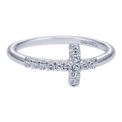 A sideways cross sits perfectly in this 14k white gold diamond cross ring with 0.13 carats of diamonds.