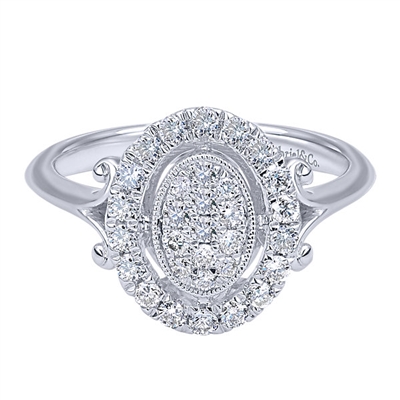 This 14k white gold diamond ring is ornate but boasts a modest price tag, with over one third carats of round brilliant diamonds and a decadent and elegant white gold setting.