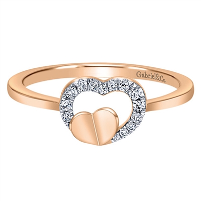Two rose gold hearts meet in this 14k rose gold diamond ring,