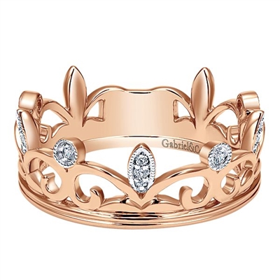 This 14k rose gold diamond stackable ring is fashioned like a crown.