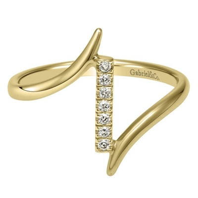 This 14k yellow gold fashion ring is studded with round brilliant diamonds that fits snugly near the tip of your finger.