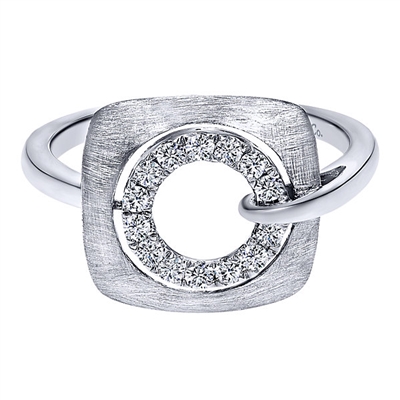This brushed 14k white gold diamond fashion ring features a swirling shank of white gold that wraps around this fashion ring.