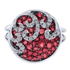 This spherical white gold, ruby and diamond fashion ring features beautifully set bright red gemstones and sparkling white diamonds in a clever pattern over 14k white gold.