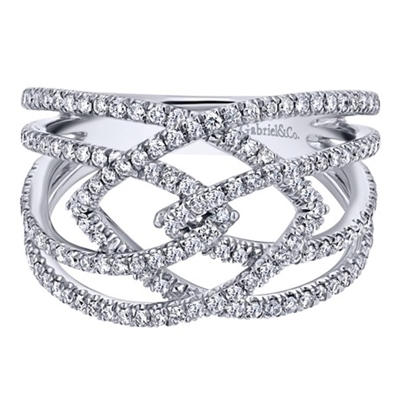 Beautiful shapes emerge from the woven pattern that this 14k white gold diamond fashion ring creates, featuring one half carat in round brilliant diamonds, this ring has the sparkle to wow all.