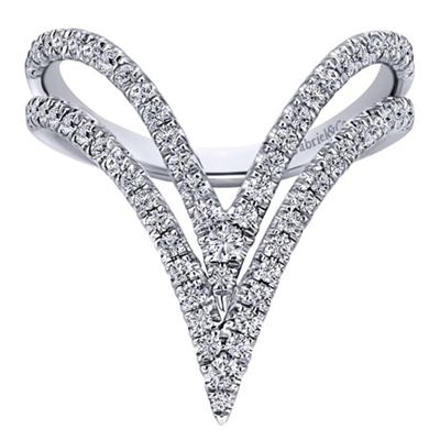 Double diamond rows stack on top of one another in glorious fashion with over one half carats of round brilliant diamonds featured in this 14k white gold diamond fashion ring.