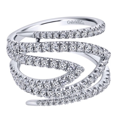 Diamond bands reminiscent of snakes climb wildly around your finger in this wildly unique 14k white gold diamond fashion ring.