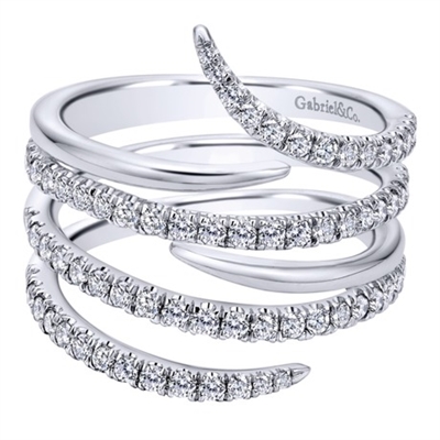 Watch as 14k white gold band spirals intertwine with rows of round brilliant diamonds in this fantastic 14k white gold diamond snake fashion ring.