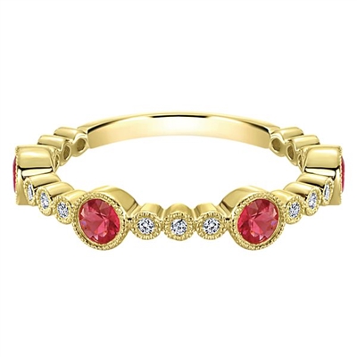 14k yellow gold ruby and diamond stackable ring.