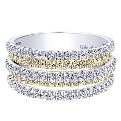 Separate bands of 14k yellow and 14k white gold are covered with 0.95 carats of round brilliant diamonds in 5 brilliant sections.