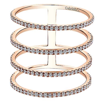 This 14k rose gold diamond ring features four rows of diamonds.