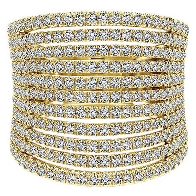 This 14k yellow gold stacked diamond ring features 11 rows of diamonds.