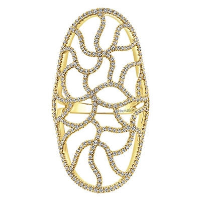 This 14k yellow gold diamond fashion ring showcases intricate diamond bands lining up in uique and daring patterns,