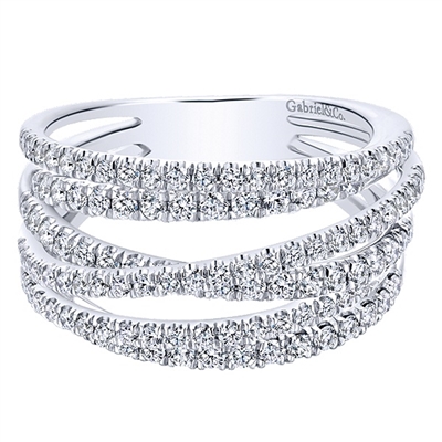 Six beautiful diamond rows intertwine in this 1 carat diamond fashion ring in 14k white gold.