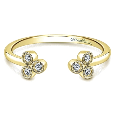 14k yellow gold diamond fashion ring with triple cluster diamond sections.