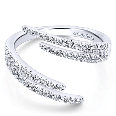 This uniquely styled 14k white gold diamond feather ring features one third carats of diamond shimmer.