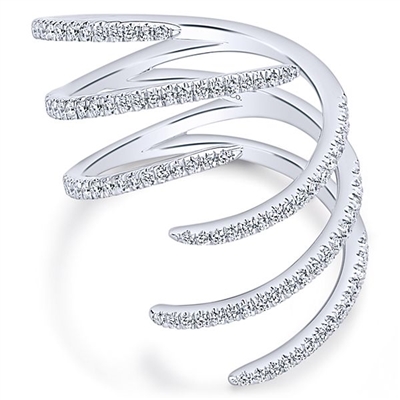 This 14k white gold diamond ring features six diamond band sections.