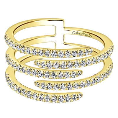 Nearly one half carats of diamond stack up in 5 separate diamond rows in this 14k yellow gold diamond ring.