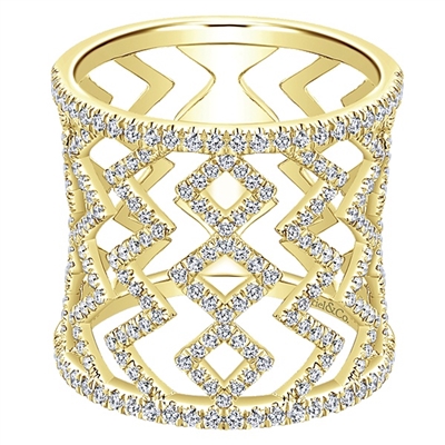 A geometric yellow or white gold diamond cigar band with 0.87 carats of diamond shine.