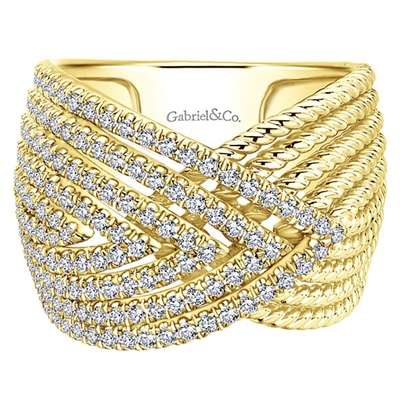 This woven braided 14k yellow gold diamond corset ring features 0.89 carats of round brilliant diamonds.