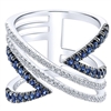 This 14k white gold ring showcases sapphires and diamonds.