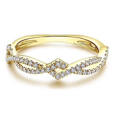 This 14k yellow gold stackable ring features two rows of round brilliant diamonds