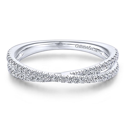 Two diamond bands cross each other in this 14k white gold diamond stackable ring.