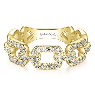 This 14k yellow gold stackable ring features shimmering round brilliant diamonds in a box link style.