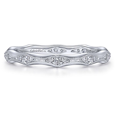 14k white gold milgrain diamond stackable ring.