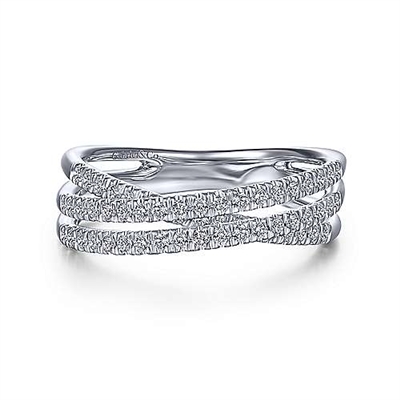 This 14k white gold diamond band features over one third carats of diamonds overlapping one another.