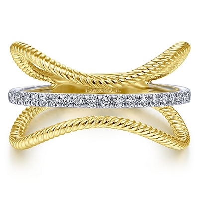 Three 14k bands link together with a diamond band in the center of this diamond fashion ring.