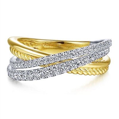 This 14k two tone diamond criss cross ring boasts 0.40 carats of diamond shine.
