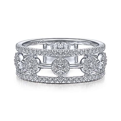 This modern classic features nearly one half carats of diamonds shimmering in cluster stations in 14k white gold.