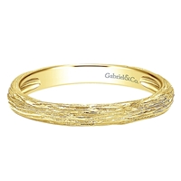 14k yellow gold with a nice textured look to give this stackable ring some excitement