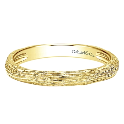 14k yellow gold with a nice textured look to give this stackable ring some excitement