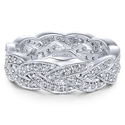 Braided 14k white gold turns in this diamond stackable ring.