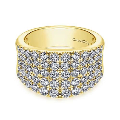 This 14k yellow gold wide diamond band features nearly 2 carats of round brilliant diamonds.