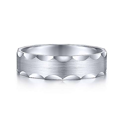 This grooved men's wedding band features a grooved edge is 6 mm wide and is featured in 14k white gold.