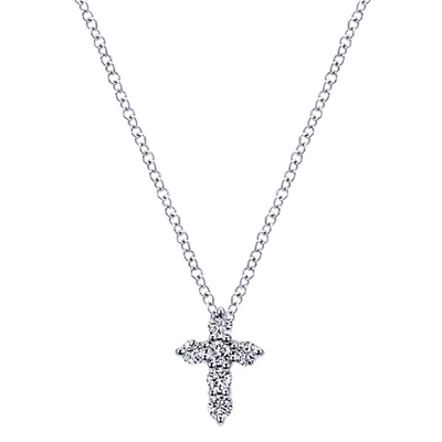 Six round brilliant diamonds sparkle in this 14k white gold prong set diamond cross with a white gold link necklace.